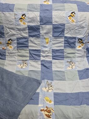 Vintage 90s Baby Looney Tunes Crib Quilt Handmade Patchwork Blanket